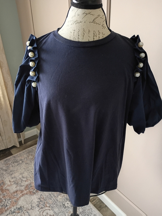 SHEIN Tops - SHEIN Navy Puff Sleeve Top with Pearl Buttons